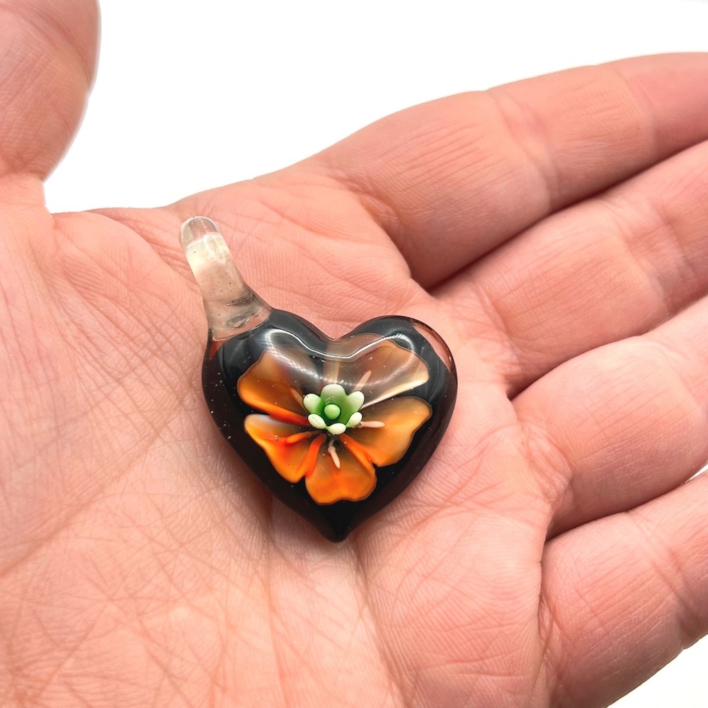 Handmade Lampwork Glass Heart Pendant Orange Flower Black Artisan Jewelry